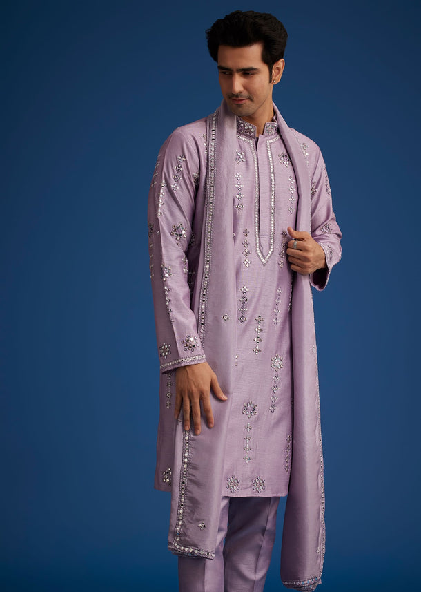 Lilac Kurta Set With Resham Mirror And Zari Embroidery