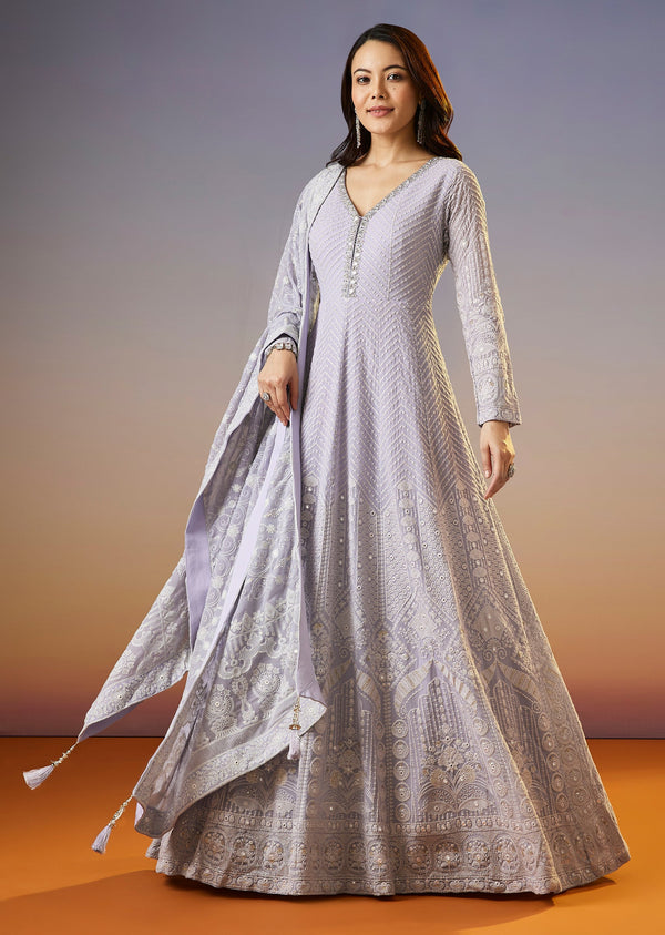 Lilac Lucknowi Georgette Anarkali Suit With Dupatta