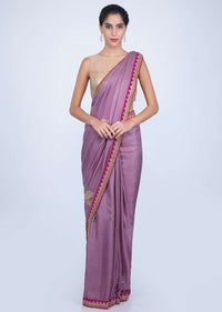 Lilac silk saree with embroidered butti and border only on kalki