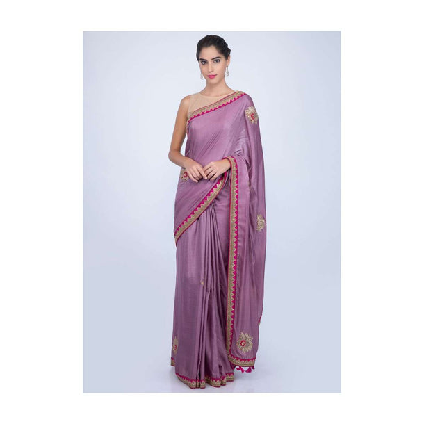 Lilac silk saree with embroidered butti and border only on kalki