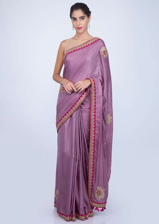 Lilac silk saree with embroidered butti and border only on kalki