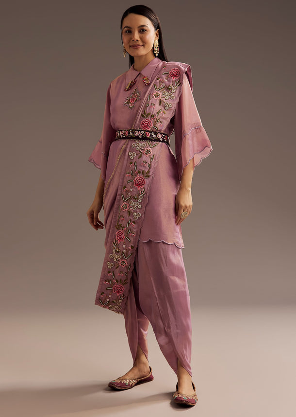 Lilac Zardosi Motif Kurta Dupatta Belt Set