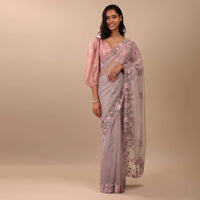 Ash Purple Saree In Organza With Floral Embroidery In Moti, Thread & Cut Dana