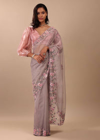 Ash Purple Saree In Organza With Floral Embroidery In Moti, Thread & Cut Dana