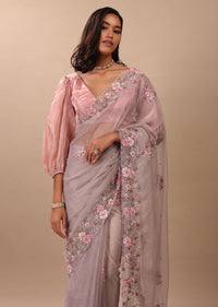 Ash Purple Saree In Organza With Floral Embroidery In Moti, Thread & Cut Dana