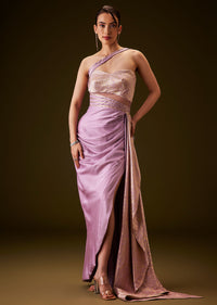 Lilac Brocade Draped Gown With Sculpted Sash