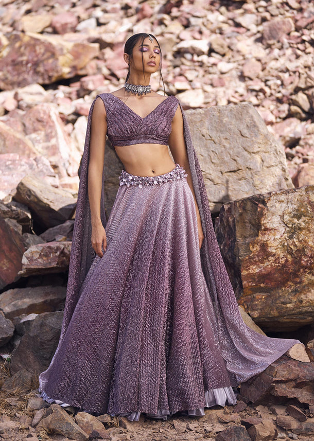 Lilac Crushed Shimmer Lehenga With Blouse And Cape