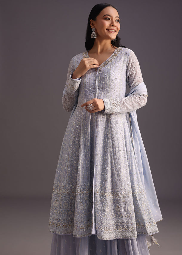 Lilac Embroidered Kurti With Banarasi Weave Skirt And Butti Work Dupatta