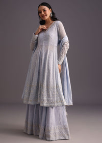 Lilac Embroidered Kurti With Banarasi Weave Skirt And Butti Work Dupatta