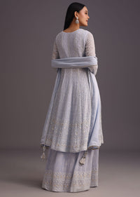 Lilac Embroidered Kurti With Banarasi Weave Skirt And Butti Work Dupatta