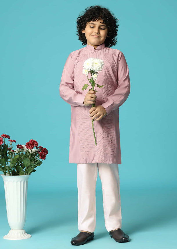 Lilac Embroidered Silk Kurta Pant For Boys