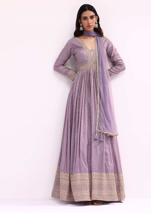 Lilac Embroidered Tissue Anarkali Set