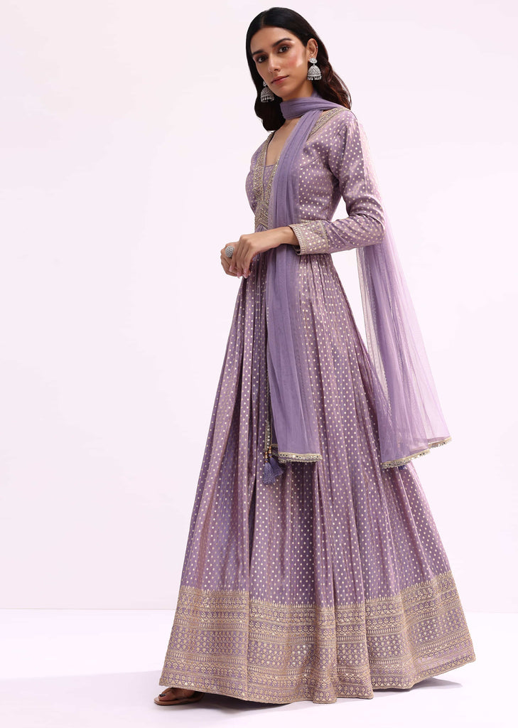 Lilac Embroidered Tissue Anarkali Set