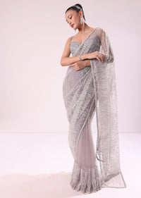 Lilac Fancy Sequence Net Saree With Ruched Stitched