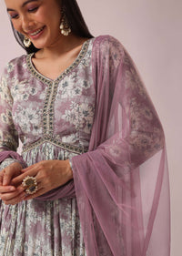 Lilac Floral Print Anarkali Set In Chinon