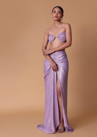 Lilac Foil Print Draped Slit Skirt With Bustier And Short Jacket