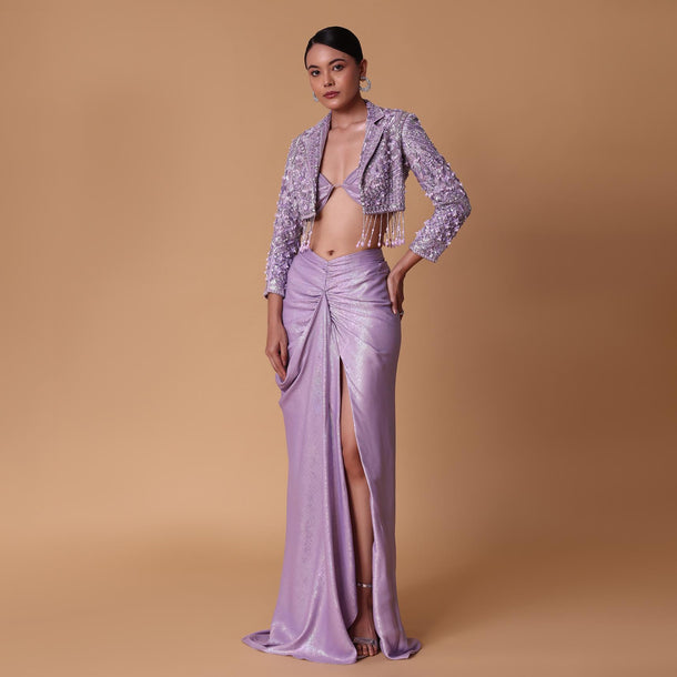 Lilac Foil Print Draped Slit Skirt With Bustier And Short Jacket