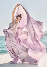 Lilac Foil Print Draped Skirt With Bustier And Pleated Cape