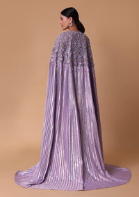 Lilac Foil Print Draped Skirt With Bustier And Pleated Cape