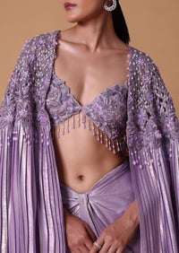 Lilac Foil Print Draped Skirt With Bustier And Pleated Cape