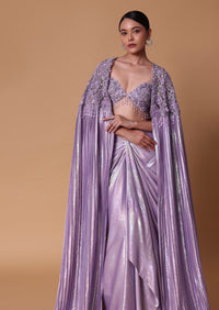 Lilac Foil Print Draped Skirt With Bustier And Pleated Cape