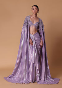 Lilac Foil Print Draped Skirt With Bustier And Pleated Cape