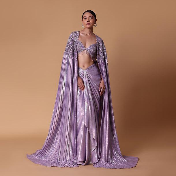 Lilac Foil Print Draped Skirt With Bustier And Pleated Cape