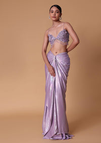 Lilac Foil Print Draped Skirt With Bustier And Pleated Cape
