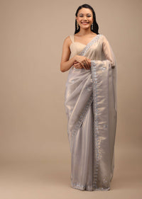 Lilac Grey Glass Tissue Saree In Mirror Abla Embroidery Buttis, Border Has Zari Embroidery Detailing