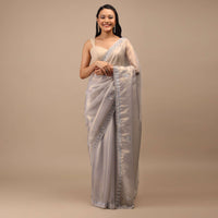 Lilac Grey Glass Tissue Saree In Mirror Abla Embroidery Buttis, Border Has Zari Embroidery Detailing