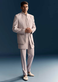 Lilac Indo Western Set For Men With Resham And Moti Work