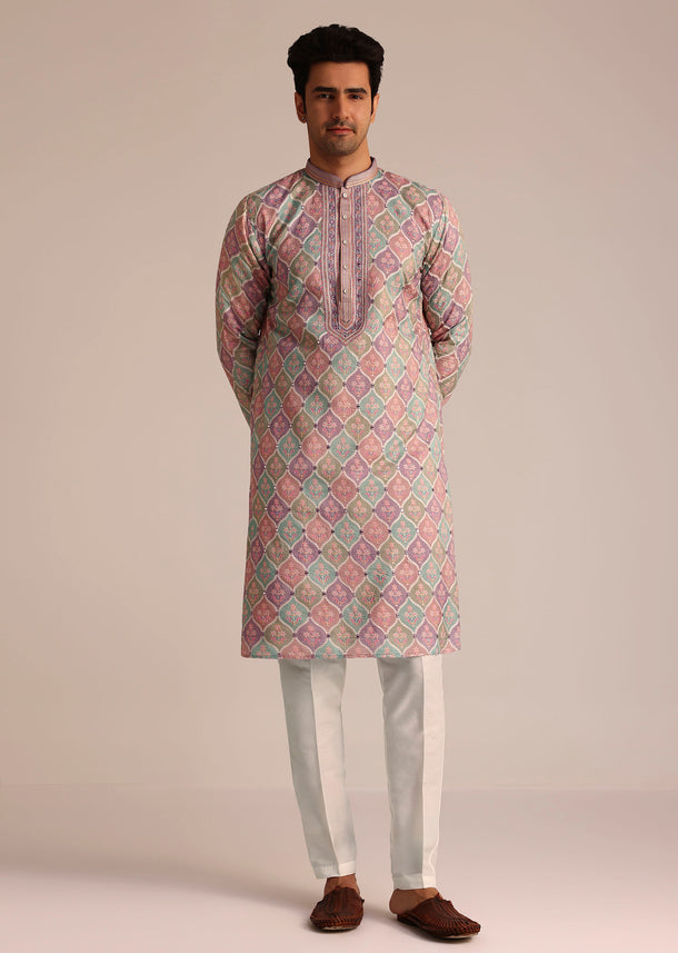 Lilac Printed Silk Kurta Set