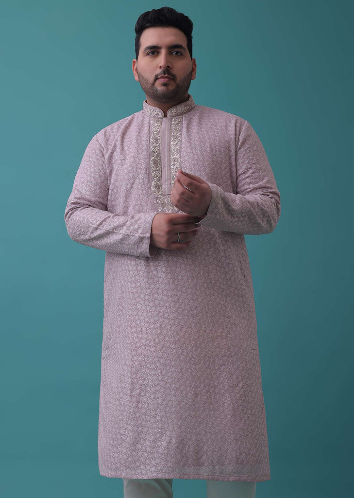 Lilac Purple Textured Kurta Set With In Silk With Embroidery