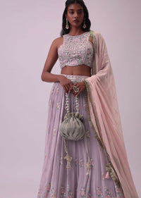 Lilac Purple Embroidered Georgette Lehenga and Silk Blouse Set