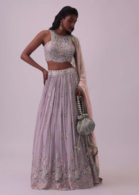 Lilac Purple Embroidered Georgette Lehenga and Silk Blouse Set