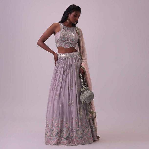Lilac Purple Embroidered Georgette Lehenga and Silk Blouse Set