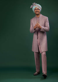 Lavender Purple Embroidered Sherwani Set In Raw Silk