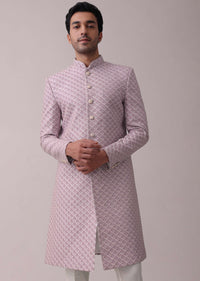 Lilac Purple Embroidered Sherwani Set In Silk