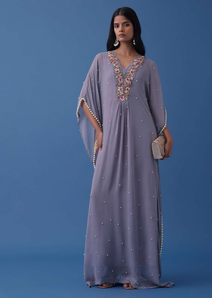 Lilac Purple Indowestern Floral Embroidered Kaftan In Georgette