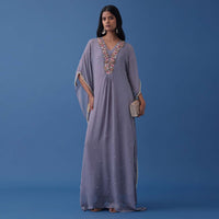 Lilac Purple Indowestern Floral Embroidered Kaftan In Georgette