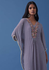 Lilac Purple Indowestern Floral Embroidered Kaftan In Georgette