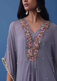 Lilac Purple Indowestern Floral Embroidered Kaftan In Georgette