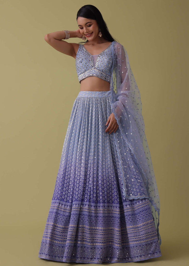 Lilac Purple Lehenga Set In Georgette With Mirror And Thread Embroidery