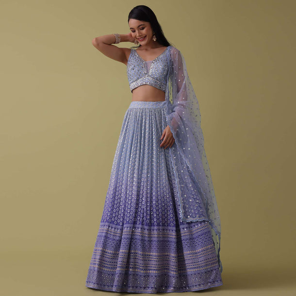 Lilac Purple Lehenga Set In Georgette With Mirror And Thread Embroidery