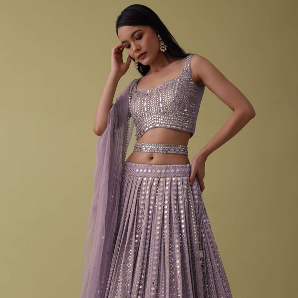 Lilac Purple Lehenga Suit Set In Georgette With Mirror And Thread Work