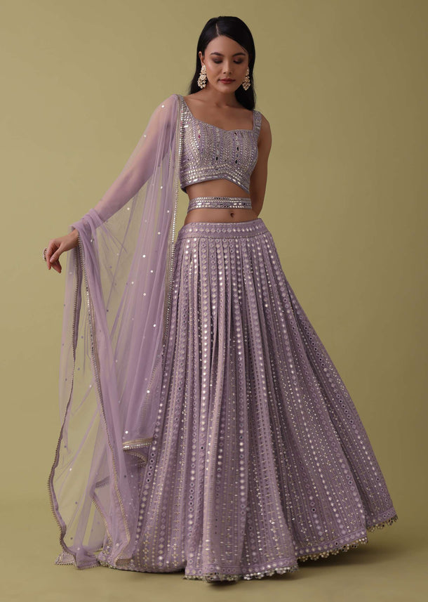 Lilac Purple Lehenga Suit Set In Georgette With Mirror And Thread Work