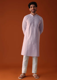 Lilac Purple Lucknowi Kurta And Churidar Set In Cotton