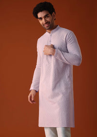 Lilac Purple Lucknowi Kurta And Churidar Set In Cotton