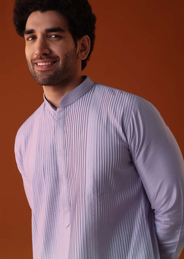 Lilac Purple Pleated Kurta Set In Silk