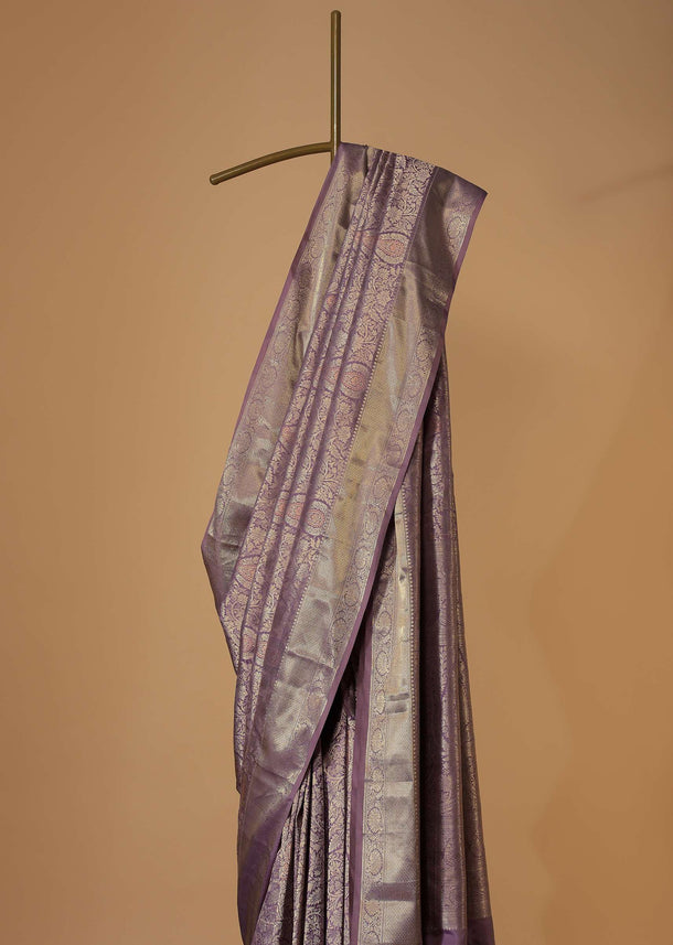 Lilac Purple Woven Kanjivaram Saree In Silk With Unstitched Blouse